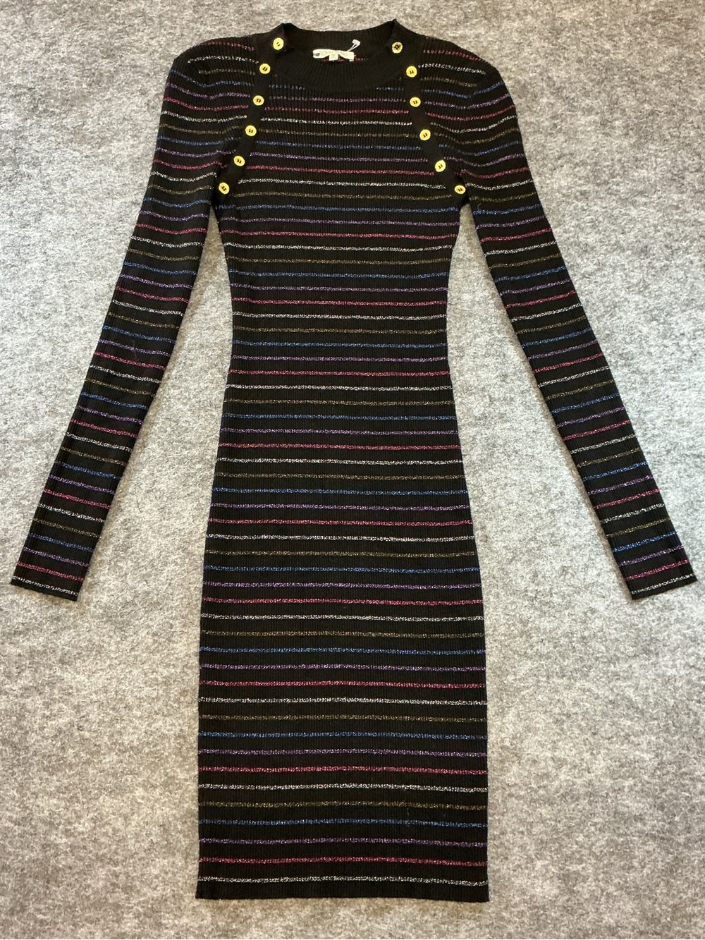Ronny Kobo Collection Black Long-Sleeve Striped Dress with Gold Buttons Size M